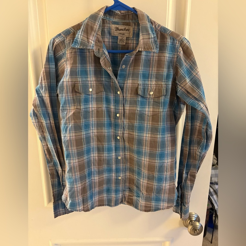 Wrancher by Wrangler blue plaid button down shirt